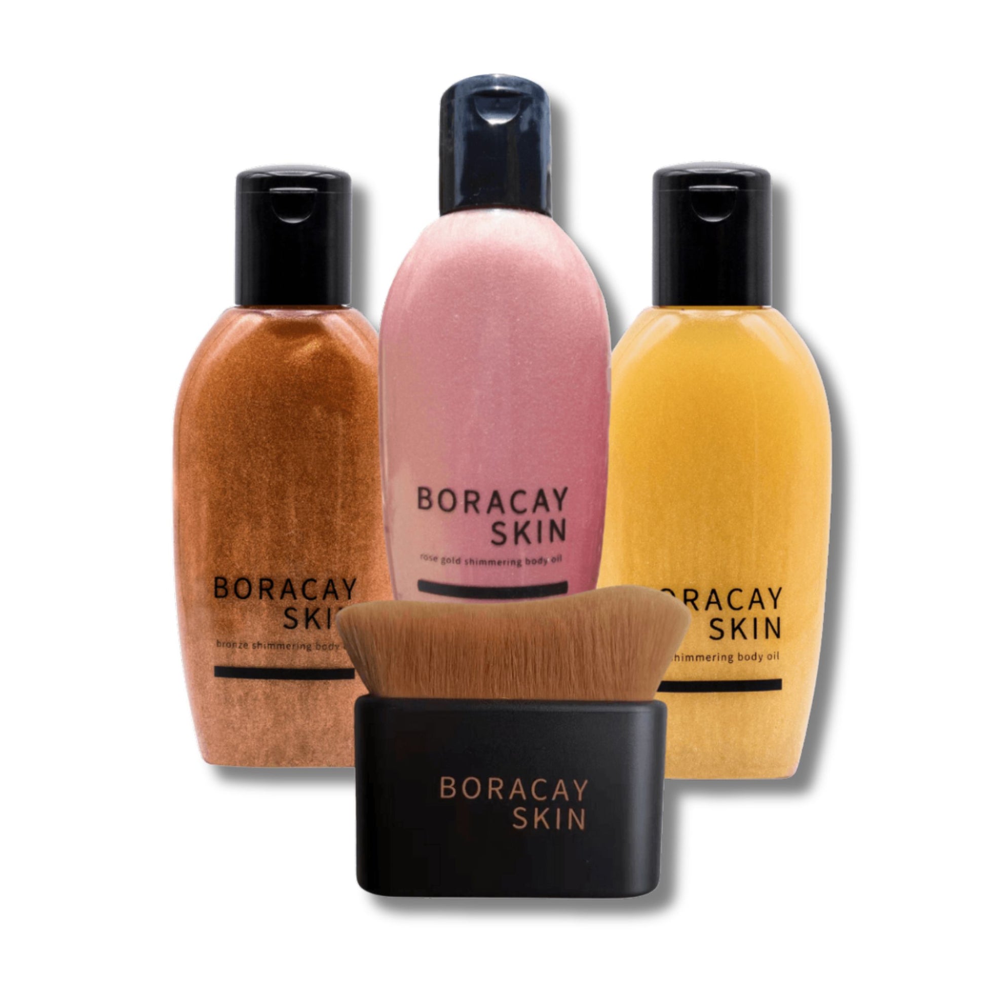Boracay Skin All That Shimmers Bundle featuring Bronze, Gold and Rose Gold shimmering body oils and a kabuki brush