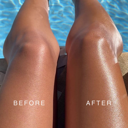 Before and after results showing glow from Boracay Skin Bronze Shimmering Body Oil on legs by the pool